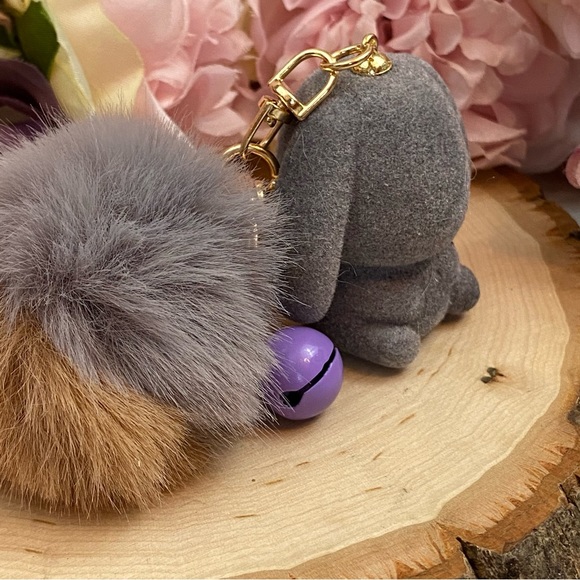 Gray Felt Bunny Rabbit Charm with Gray Pom Pom Keychain - Picture 8 of 11